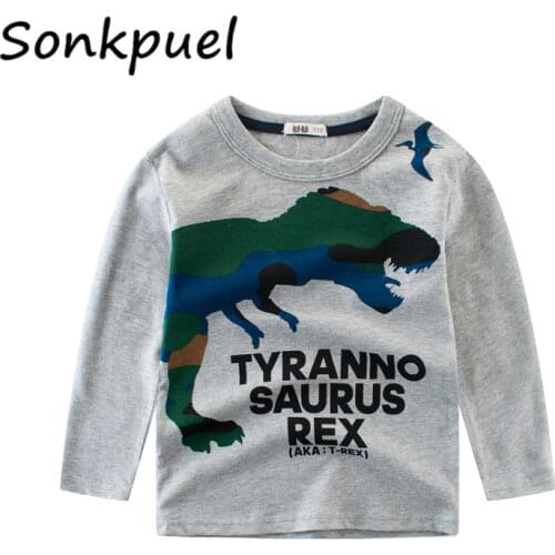 100% Cotton Kids T-Shirts 2021 Dinosaur Print Long Sleeve Tops for Boys Girls Tees 4 5 6 7 8 9 10 11 12 Years Children Clothing