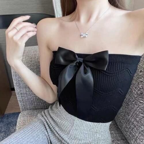 Heliar Women Crop Tops Knitted Bow Knot Off Shoulder Tops Solid Ribbed Tube Tops Women White Sweet Crop Top Summer