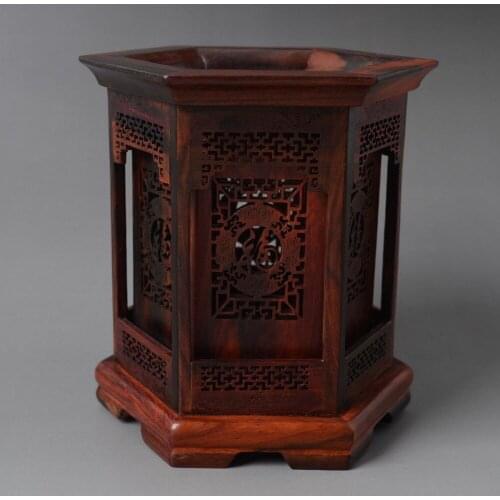Exquisite Chinese Classical Hexagon Shape Rosewood Hollow-out "Fu" Character Brush Pot