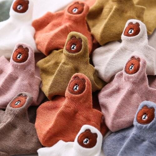Fashion Kawaii Embroidered Cartoon Bear Women Socks Happy Ankle Funny Socks Women Cotton Summer Candy Color