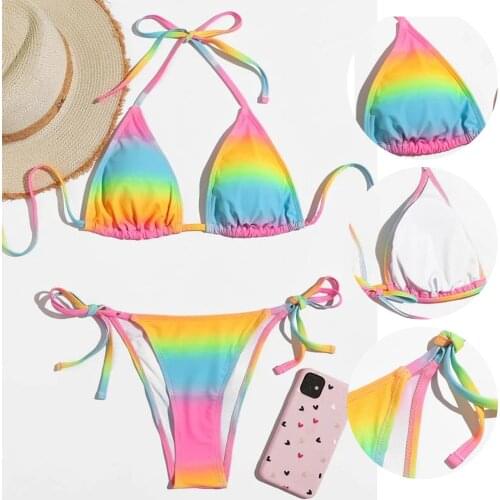 S-XL Cute little rainbow swimsuit Womens Sexy Tie-Dye Lace Up High Cut Leg Print Bikini Set Two Piece Swimsuit bikini woman F4