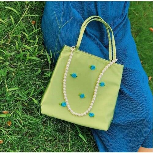 Retro Satin Women Small Shoulder Bags Pearl Chain Strap Flowers Ladies Mini Tote Pouch Handbag Vintage Design Female Girls Purse