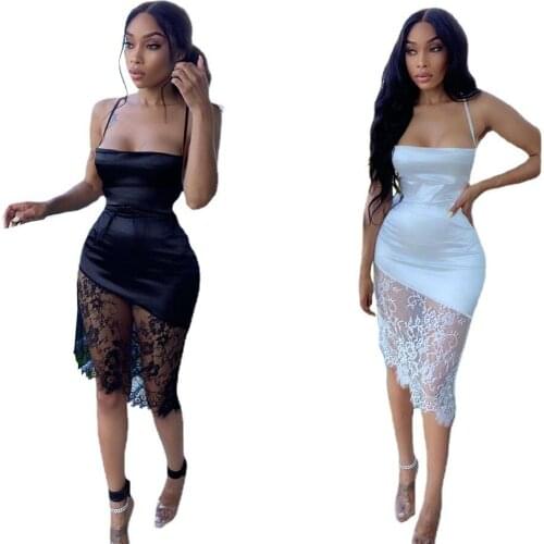 Fashion Solid Color Womens Clothing Personality Lace Stitching Sexy Cross Strap Halter Temperament Irregular Dress Dropshipping
