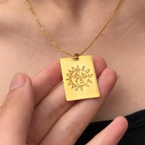 Stainless Steele Sun Necklace For Women Gold Sliver Color Square Moon Sun Pendent Necklace One Piece Choker Neck Vintage Jewelry
