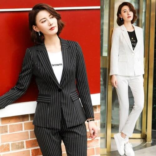 New 2020 Fashion Black Striped Blazer Women Pant Suits Office Ladies Business Suits Work Wear Clothes Sets