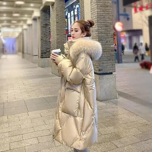 2021 New Glossy Down Cotton Coats Women Long Winter Jacket Big Fur Collar Hooded Parka Coat Female Warm Cotton-Padded Overcoat
