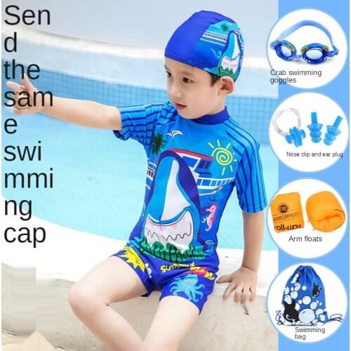 2021 New Childrens Swimsuit Male One-piece Small and Medium-sized Baby Cartoon Sunscreen Quick-drying Student Boy Swimsuit Suit