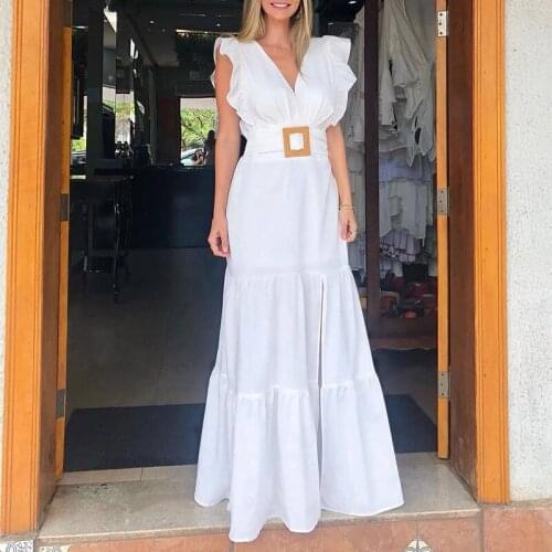 Maxi Dresses VONDA 2021 Women Sexy V Neck Pleated Tank Dress Bohemian Vestidos Summer Sleeveless Ruffled Cuff Elegant Robe