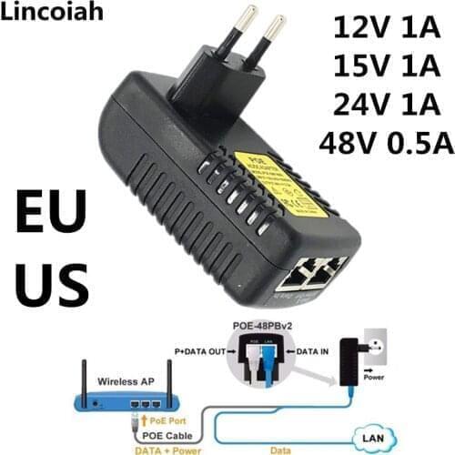 PoE Power Supply 12V 24V 48V 0.5A 1A 24W POE Injector Ethernet AC/DC Adapter for CCTV Security Camera Phone US EU Wall Plug