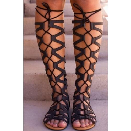 Roman Gladiator Bandage Sandals Women Knee High flat sandalias vintage fashion Women Shoes Girls Summer hollow Ankle Boot