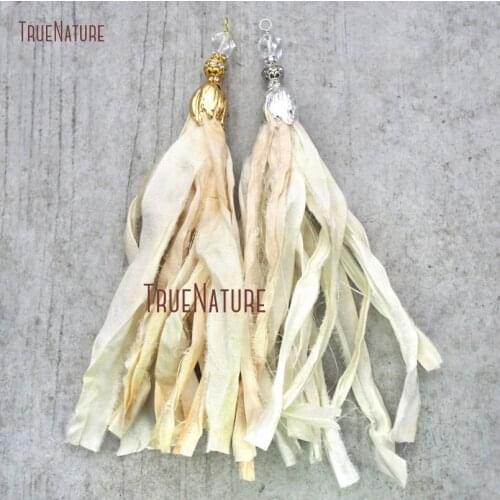 Sari Silk Tassel Pendant Gold Silver Tulip Cap Tassel Pendant Ivory Sari Silk Ribbon Pendant PM14661