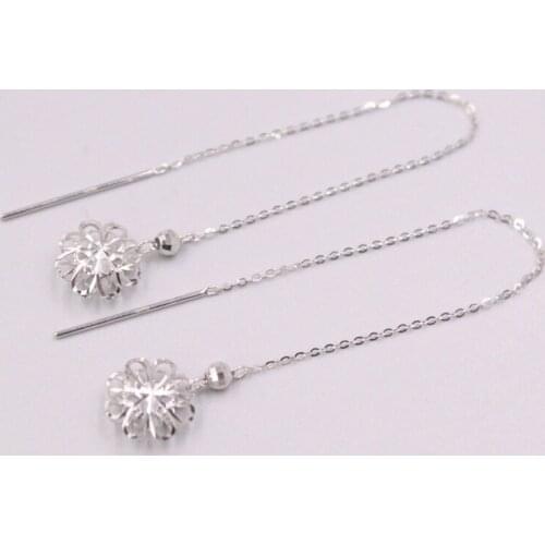 Pure 18K White Gold Earrings Women Best Gift New Hollow Flower O Link Chain Dangle Earrings / 1.2g