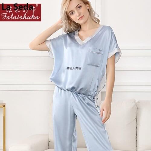 Fresh elegant 100% natural silk pajamas sets women sleepwear short sleeves noble 100% pure silk casual womens pyjamas T8206