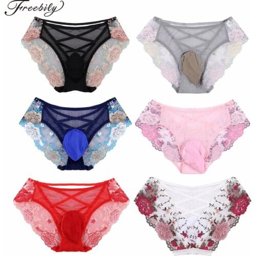 Lace Briefs Panties Men Seamless See-Through Embroidered Sissy Underwear Bulge Pouch Hollow Out Cross Back Low Rise Underpants