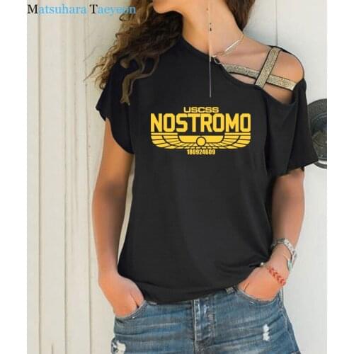 New Fashion Print Top Nostromo Arrival Tshirt Cotton T Shirt Women Tee Short Sleeve Sexy Irregular Skew Cross Bandage Tops