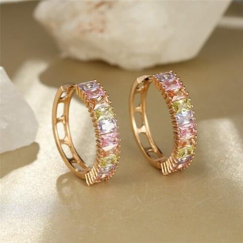 Female Luxury Crystal Hollow Earrings Rainbow Square Zircon Hoop Earrings Boho Gold Color Small Round Wedding Earrings For Women