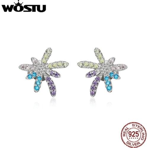 WOSTU Stud Earring New Hot Super Shiny Zircon Ice Firework Flower 925 Sterling Silver Earrings for Women Wholesale Jewelry