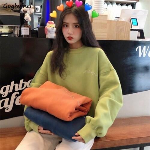 Women No Hat Hoodies Sweatshirts Pullover Embroidery Loose Simple Korean Fashion Style O-neck Students Streetwear Casual Thicken