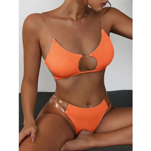 Women Swimsuit Sexy Clear Straps Ribbed Bikini Set Push-Up Brazilian Swimwear Solid Swimsuit Beach Suit Brazilian Biquini 2021