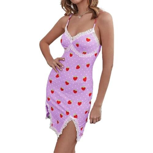 2021 New Summer Womens Sexy Dress Suspender Mini Lace Dresses Fashion Strawberry Print Flounce Backless Split Tight Dress
