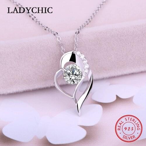LADYCHIC Authentic 925 Sterling Silver Elegant Love Double Heart Pendant Necklaces for Women Fashion Zircon Fine Jewelry LNS1007