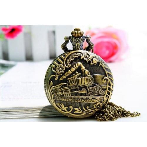 10 pcs /lot Hot sale vintage bronze fashion jewelry carving train pocket watch necklace pendant Kid gift