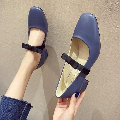 2020 Autumn New Womens Shoes Square Root Bow Mid-heel Single Shoes Thick Heel Square Toe Shallow Mouth Women Shoes High Heel