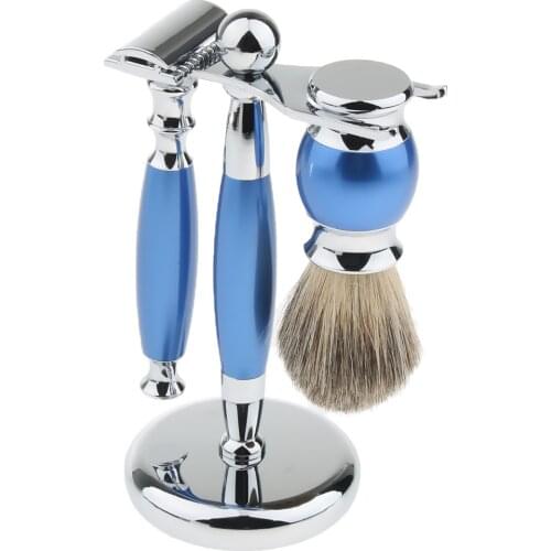 3 in 1 Beard Shaving Brush+ Double Sided Safety Razors +Alloy Holder Stand Men Grooming Tool Set Blue