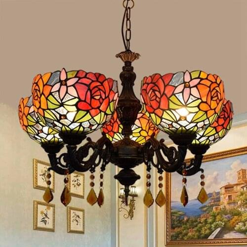 American pastoral tiffany stained glass roses sitting room 5 head droplight retro bar club restaurant