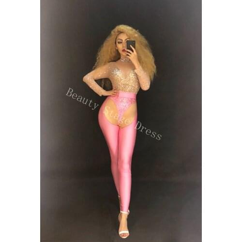 Pink Shining Rhinestones Mesh See Through Jumpsuit Fashion Singer Dance Wear Birthday Celebrate Sexy Perspective Prom Bodysuit
