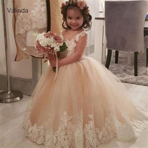Champagne Flower Girl Dresses with Ivory Appliques First Communion Dress for Wedding Birthday Party