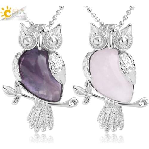 CSJA Water Drop Natural Stone Necklace & Pendants Owl Shape Pink Quartz Sodalite Crystal Trendy Charm Jewelry for Women Men G077