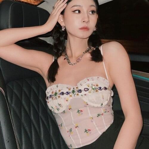 DEIVE TEGER New Summer Womens Sexy Spaghetti Strap Chain Flower Printing Mesh Mini Crop Top House Of Cb Elegant Chic Women Top