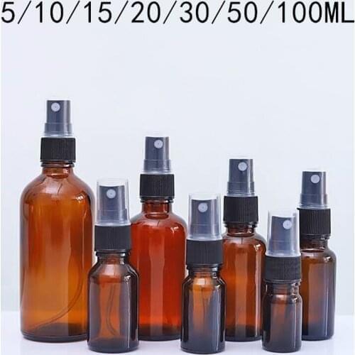 1000pcs 5-100ml Amber Glass Spray Bottle Fine Mist Sprayer Travel Refillable Aromatherapy Perfume Atomizer Cosmetic Container