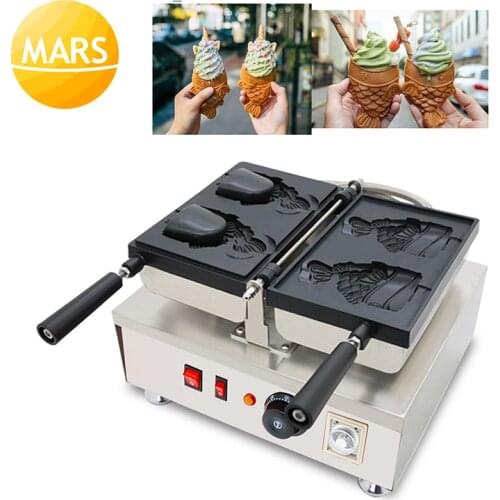 Commercial Taiyaki Fish Waffle Maker Fish-shaped Ice Cream Cone Machine Japanese Open Mouth Taiyaki Pan Cake Iron Equipment 220V