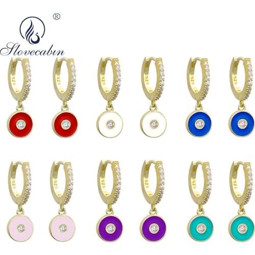 Slovecabin 925 Sterling Silver Zircon Round Pendant Drop Earring For Women Dangle Evil Eye Colorful Huggies Earrings Jewelry