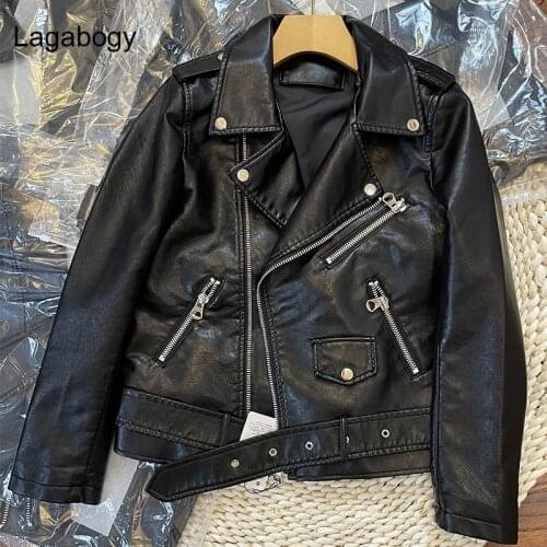 Lagabogy New Top Quality Autumn Women Black Pu Faux Leather Jacket Streetwear Moto Biker Turn Down Collar Coat Outwear With Belt