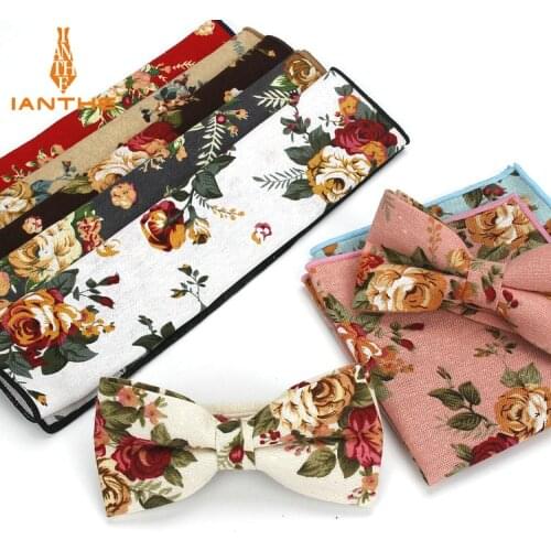 New 2 PCS Mens Cotton Adjustable Suit Flower Print Bow Tie Sets Bowtie Handkerchief Pocket Square Set Wedding Party Butterfly