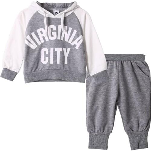 2021 New Baby Boy Clothing Set Fall Cotton Letter Hooded Grey Size 18M 2 3 4 5 Years Old for Children Sporty Outdoor