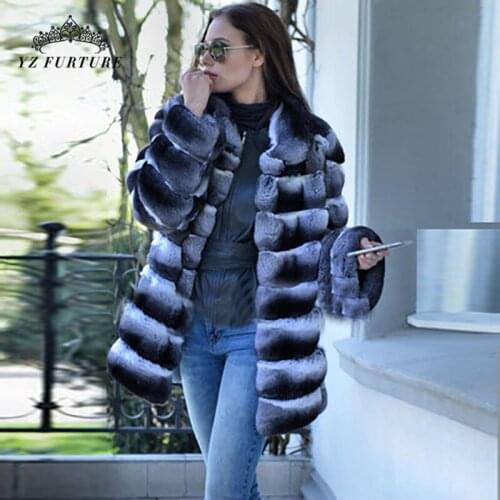 2021 New Women Winter Chinchilla Rex Rabbit Thick Warm Long Size Rabbit Fur Coat Fashion Stand Collar Natural Luxury Fur Outwear