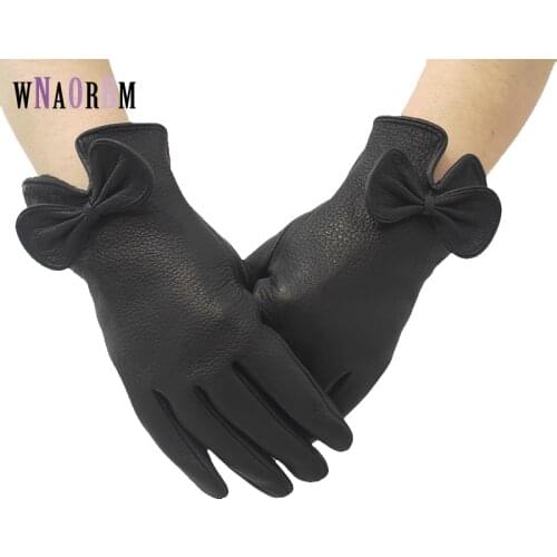New ladies gloves leather winter warm fluff ladies soft female Buckskin gloves high quality gloves bowknot
