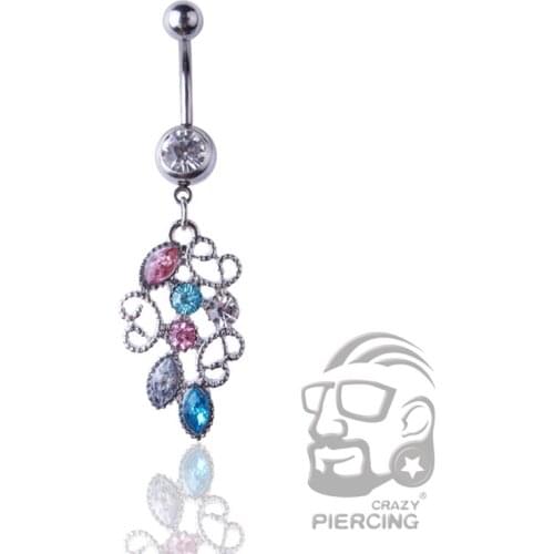 New Product Stainless Steel Crystal Flower Rhinestone Press Button Ring Dangle Navel Piercing Body Jewelry Tassel