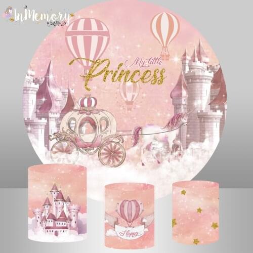 Princess Castle Pink Carriage Hot Air Balloons Baby Shower Girl 1st Birthday Party Round Backdrop Cover Circle Background Banner