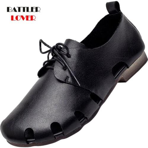 Genuine Cow Leather Retro Summer Flat Sandals For Women 2021 New Lace-Up Loafers With Handmade Concise Fashion Ladies Sandalies