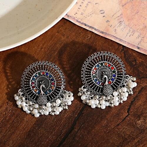 Bohemia Pearl Bead Peacock Shape Dangle Earrings Alloy Metal Tassel Women Silver Color Round Fashion Jewelry Dangle Earrigng