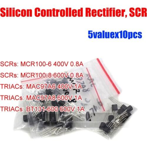 Silicon Controlled Rectifier Thyristor TO-92 SCR 5valuesX10pcs=50pcs MAC97A6 MAC97A8 MCR100-6 MCR100-8 BT131-600