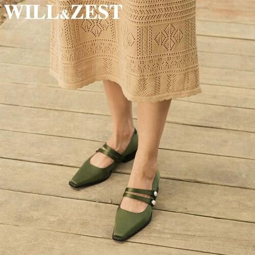 Will&Zest Silk Satin Heel Pearl Footwear Black Strappy Pumps Chunky WomenS Low Heel Shoes Plus Size Pointed Toe Spring Stripper