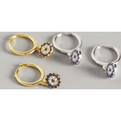 Turkish Lucky Evil Eyes Blue Clear CZ 925 Sterling Silver Dangle Earrings for Women Girl Religious Symbol Hamsa Huggie Earrings