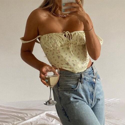 Yellow Floral Print Sleeveless Camis Crop Tops Sexy Backless Lace Up 2021 Summer Straps Cropped Top Feminino