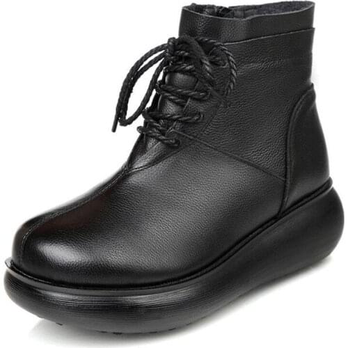Original Retro Autumn and Winter Boots Genuine Leather Boots Increase Thick Bottom Wedges Warm Cotton Shoes Women Boots Black